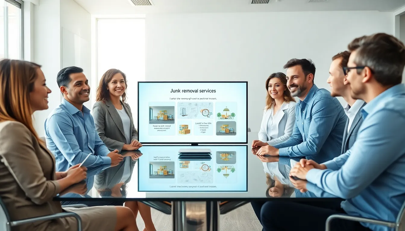 team discussing junk removal services in a modern office.